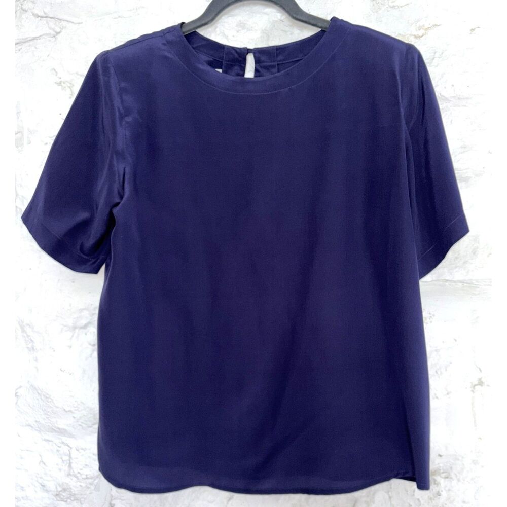 Classic Navy Silk Top Boxy Closet Staple Career Work Minimalist Petite Small